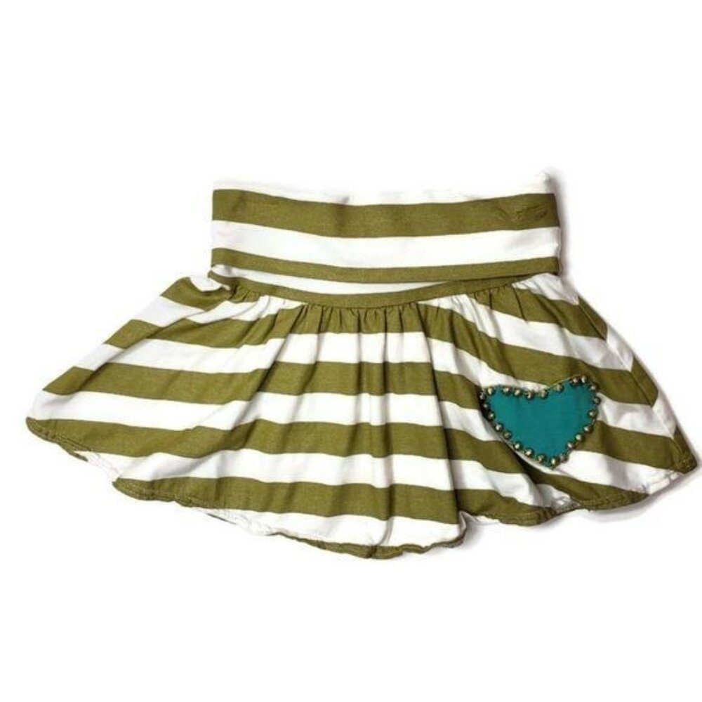 Havengirl Striped Green & White Girls balloon Skirt With Heart Patch Size 6